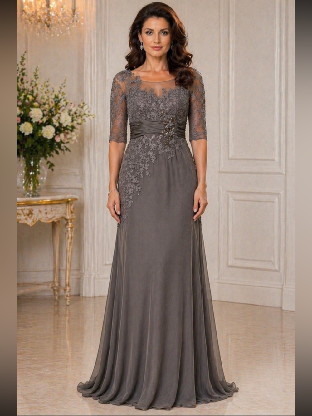 Montage by MonCheri georgette hand Beaded Bodice illusion elbow length gown